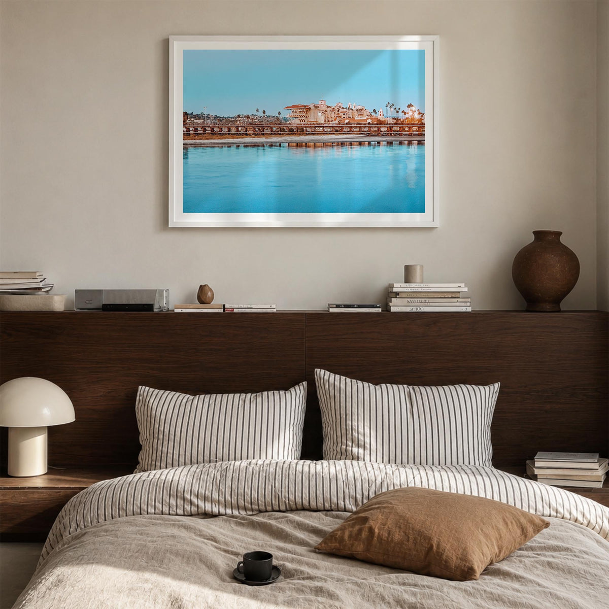 Del Mar colorful photo poster of California, USA – horizontal wall art in white wood frame with white border, hanging on wall