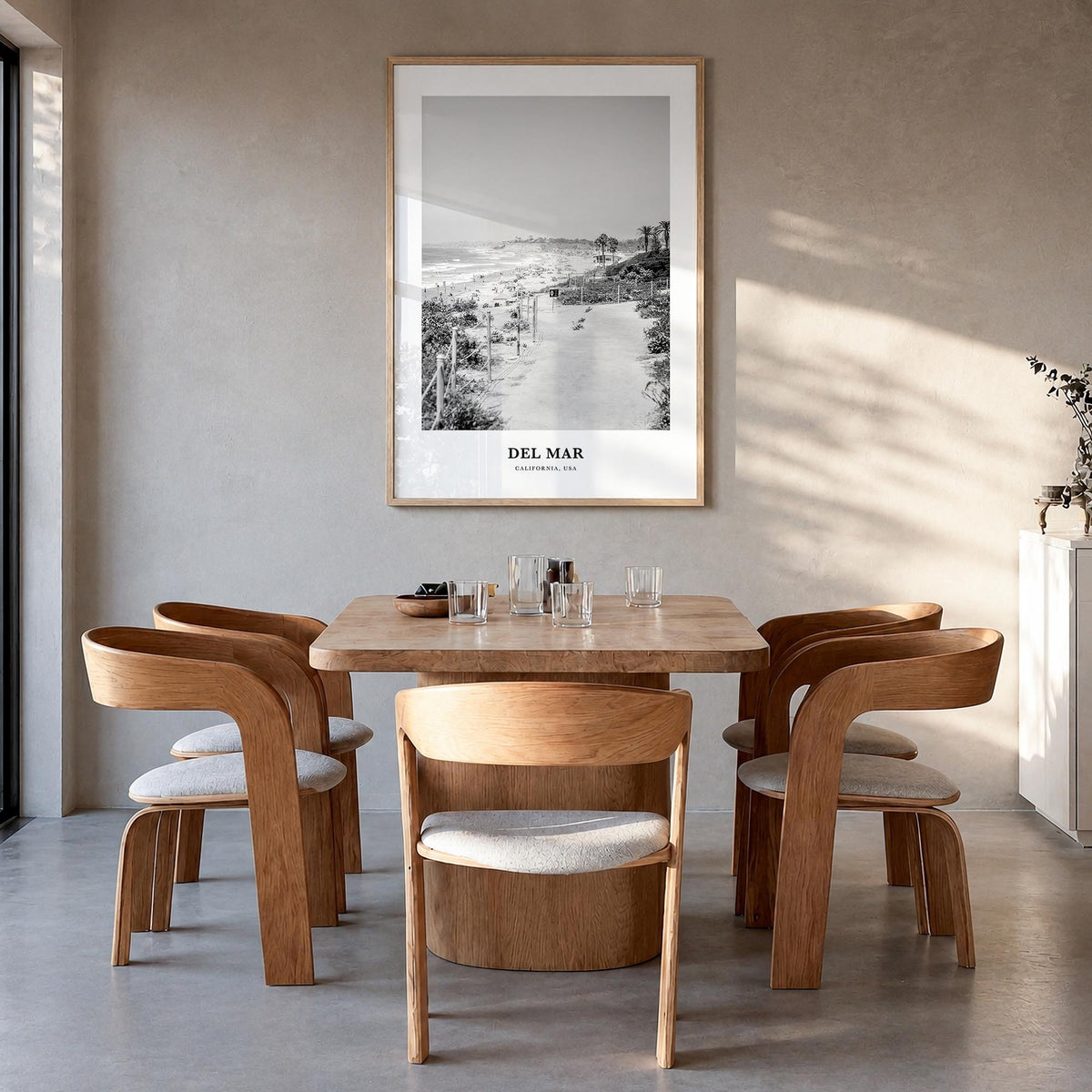 Del Mar no. 1 black & white classic poster of California, USA – vertical wall art in natural wood frame, hanging on wall
