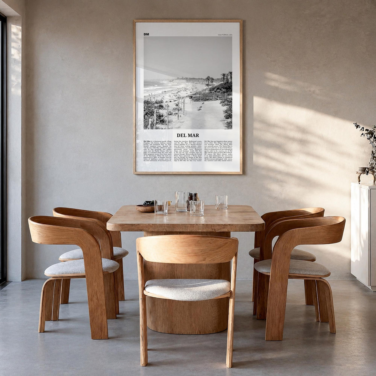 Del Mar no. 1 black & white newspaper poster of California, USA – vertical wall art in natural wood frame, hanging on wall