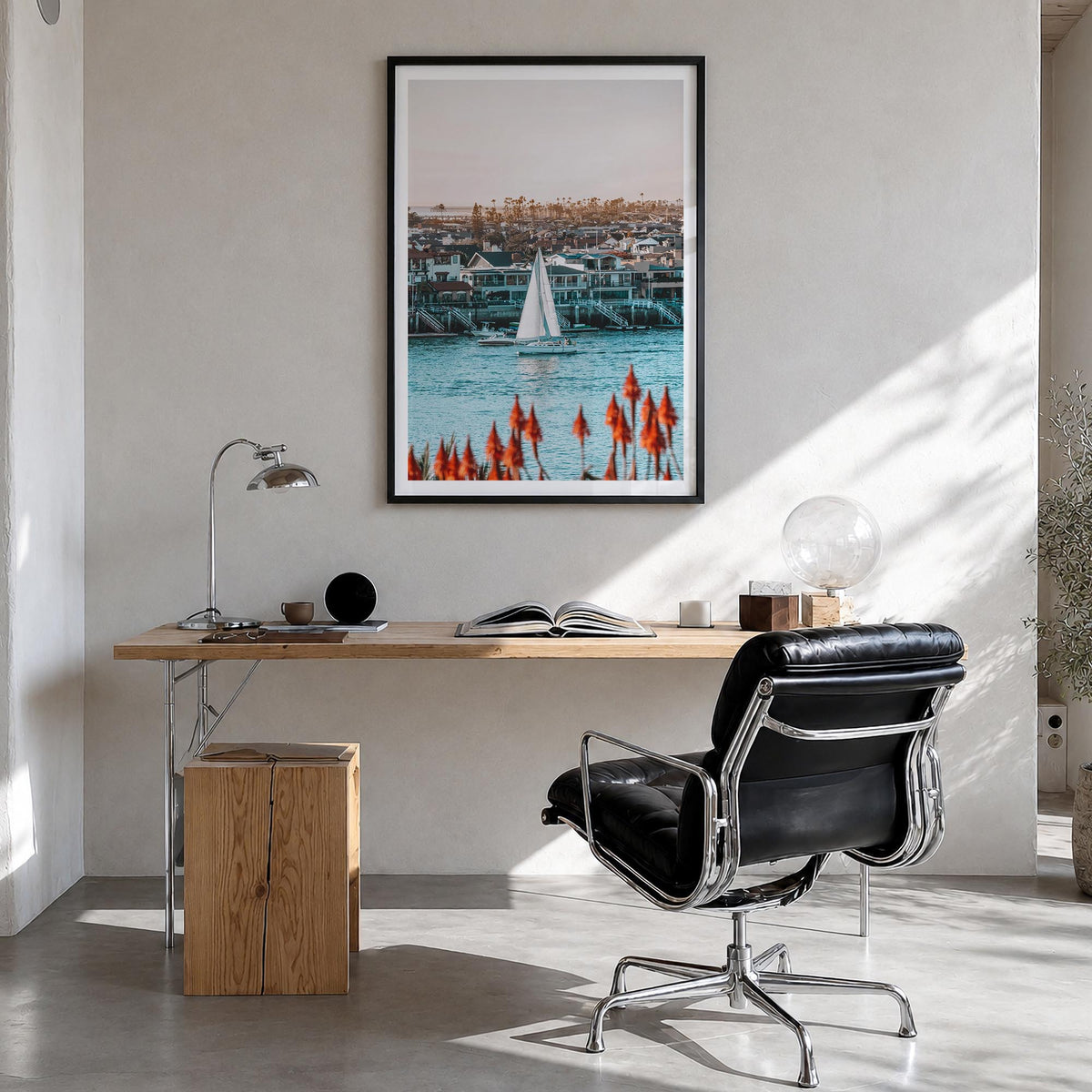 Del Mar no. 2 colorful photo poster of California, USA – vertical wall art in black wood frame with white border, hanging on