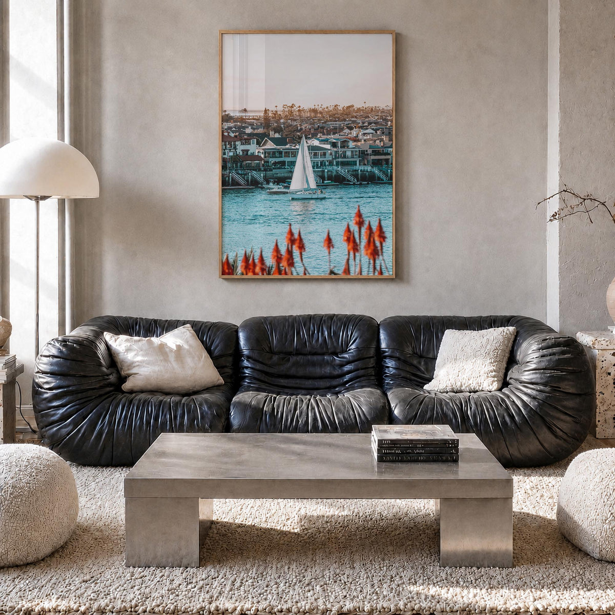 Del Mar no. 2 colorful photo poster of California, USA – vertical wall art in natural wood frame, hanging on wall