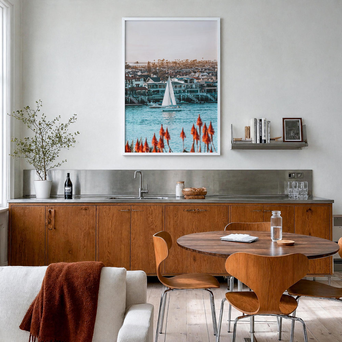 Del Mar no. 2 colorful photo poster of California, USA – vertical wall art in white wood frame, hanging on wall