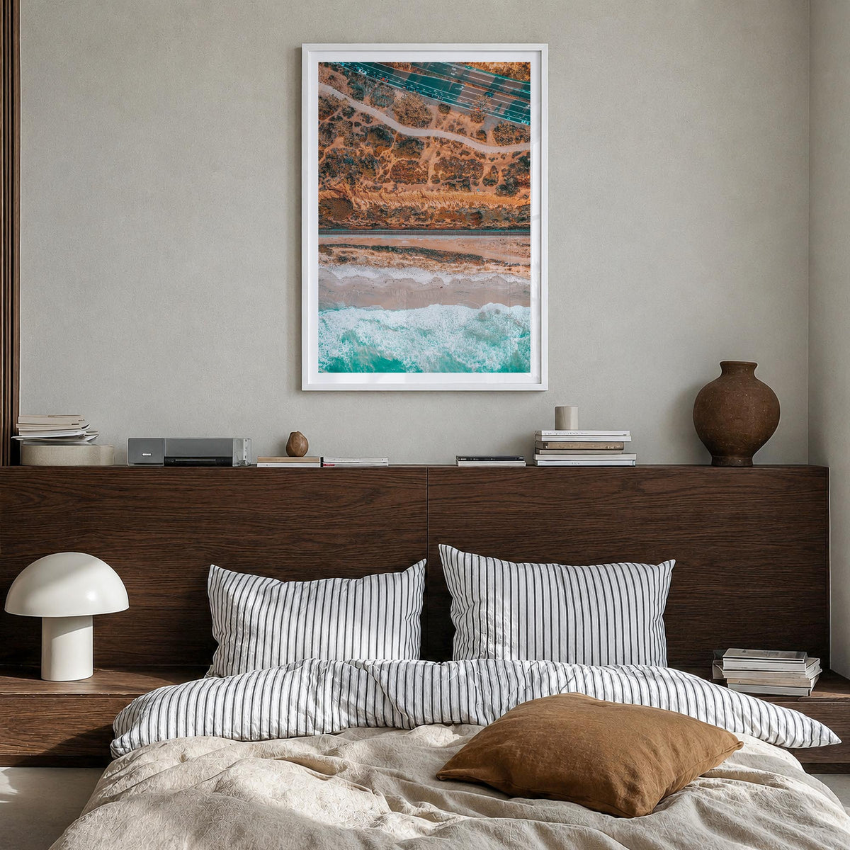 Del Mar no. 1 colorful photo poster of California, USA – vertical wall art in white wood frame with white border, hanging on
