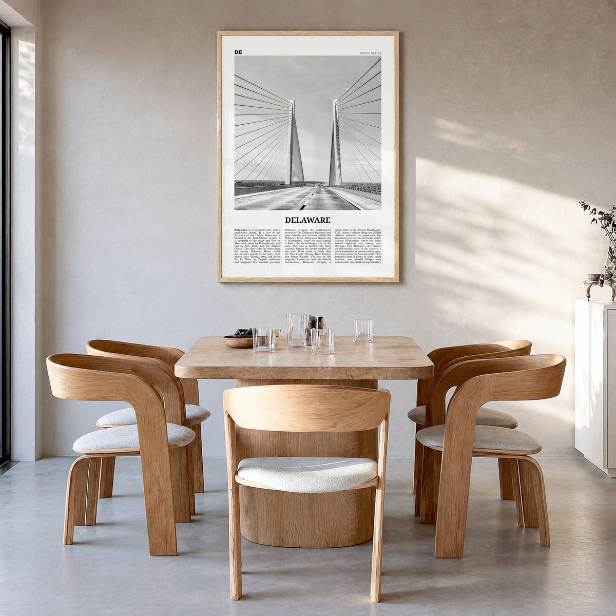 Delaware Newspaper No 2 Poster in a natural wood frame, hanging in a dining room