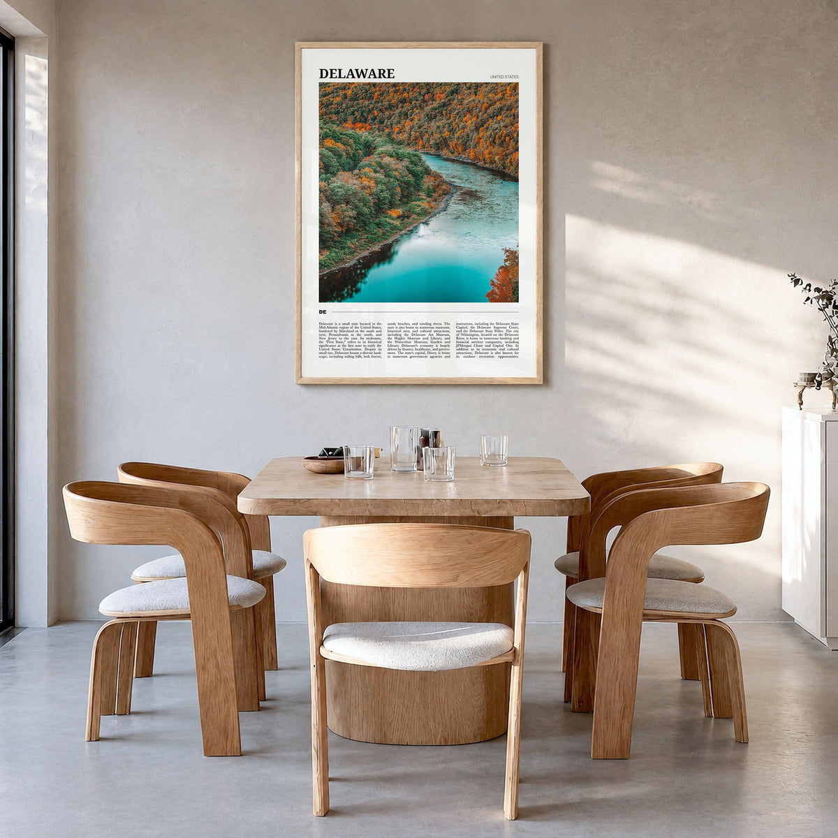Delaware Travel No 1 Poster in a natural wood frame, hanging in a dining room