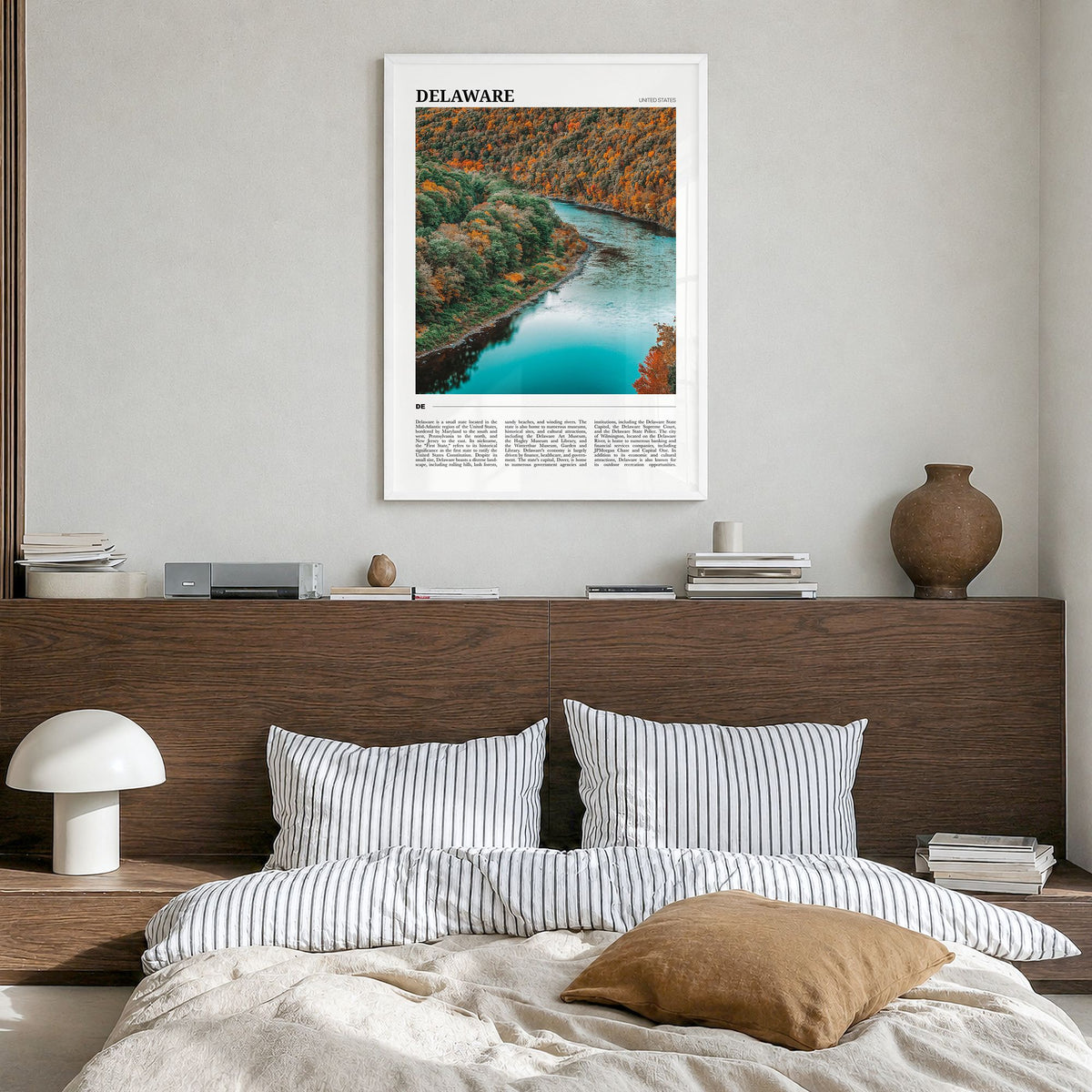 Delaware Travel No 1 Poster in a white wood frame, hanging in a bedroom