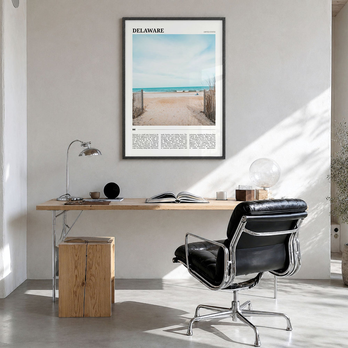 Delaware Travel No 2 Poster in a black wood frame, hanging in a bright home office