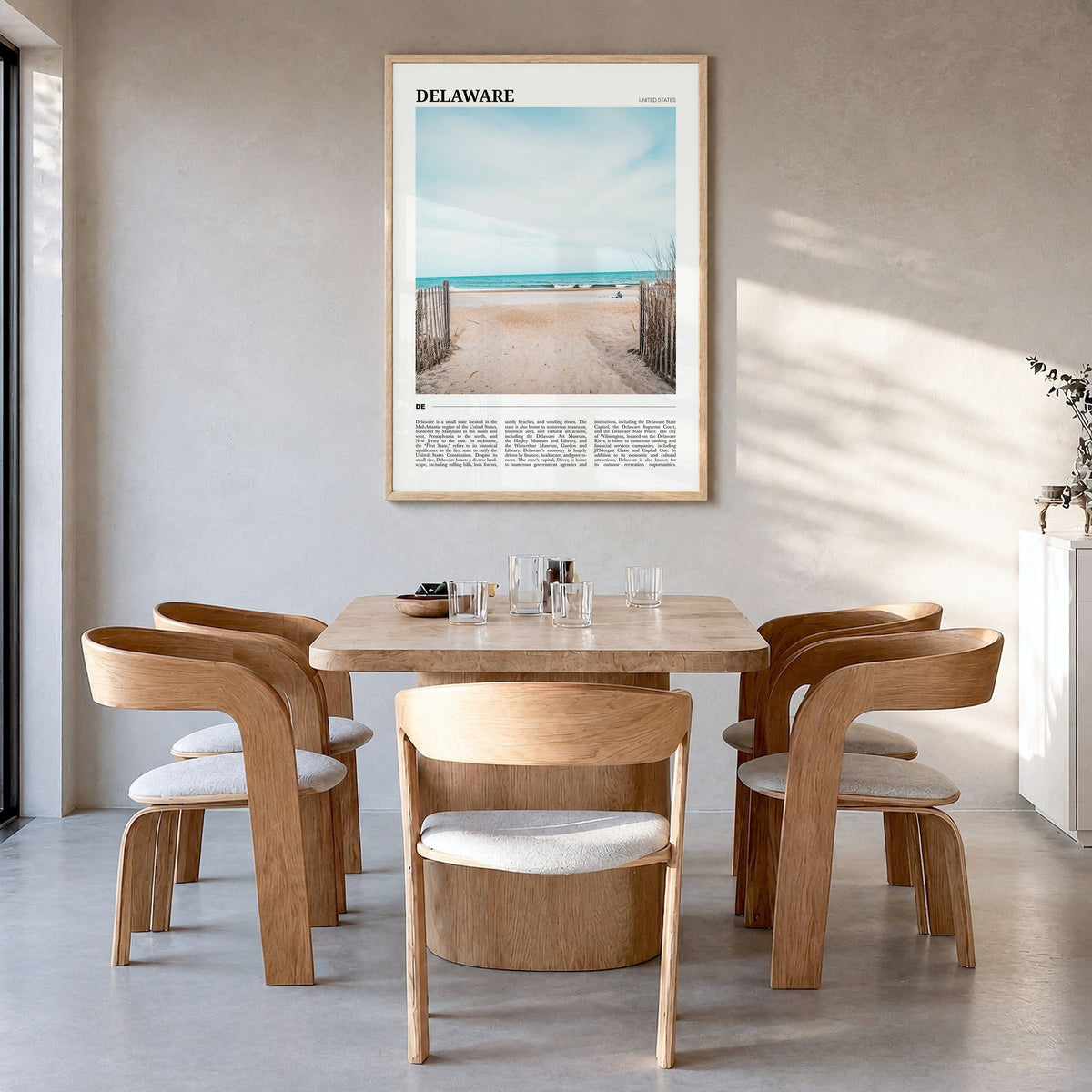 Delaware Travel No 2 Poster in a natural wood frame, hanging in a dining room