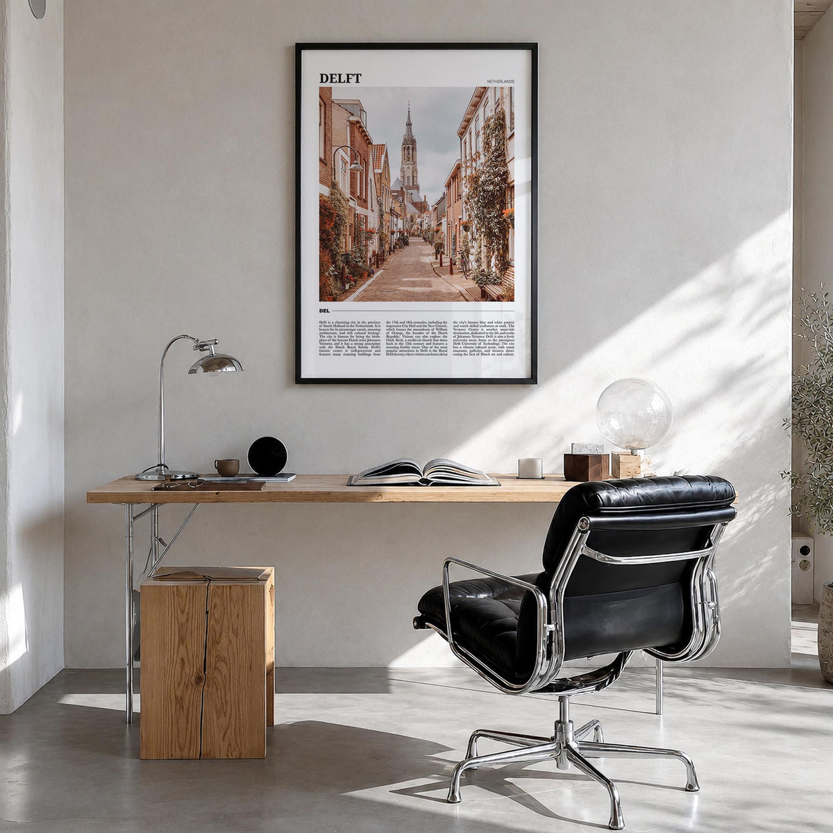 Delft colorful travel poster of Netherlands – vertical wall art in black wood frame, hanging on wall