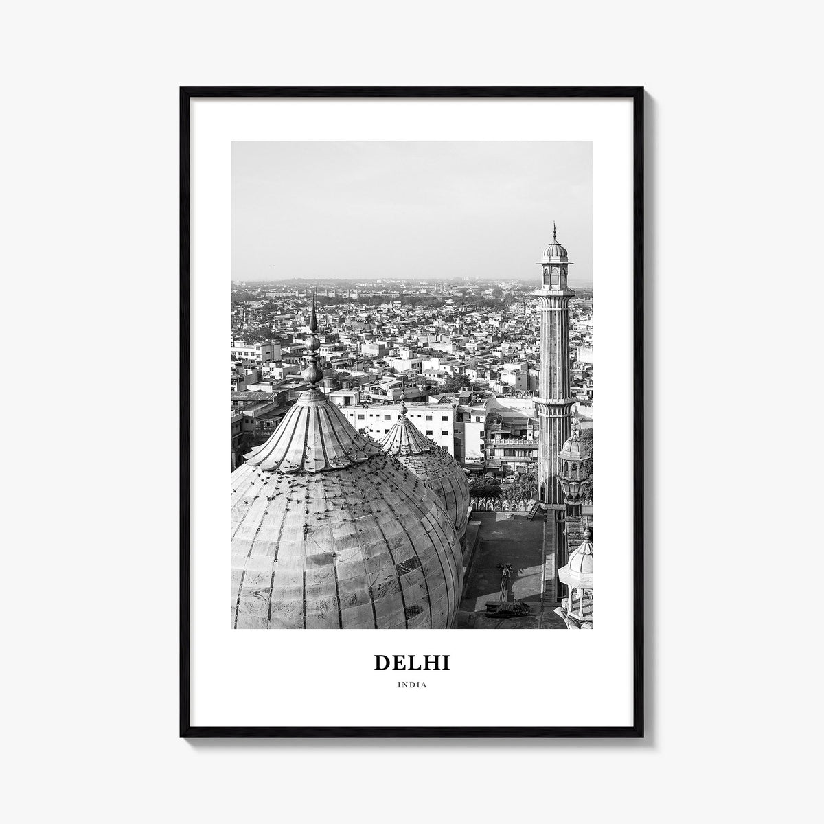 Delhi black & white classic poster of India – vertical wall art, unframed print shown in interior mockup