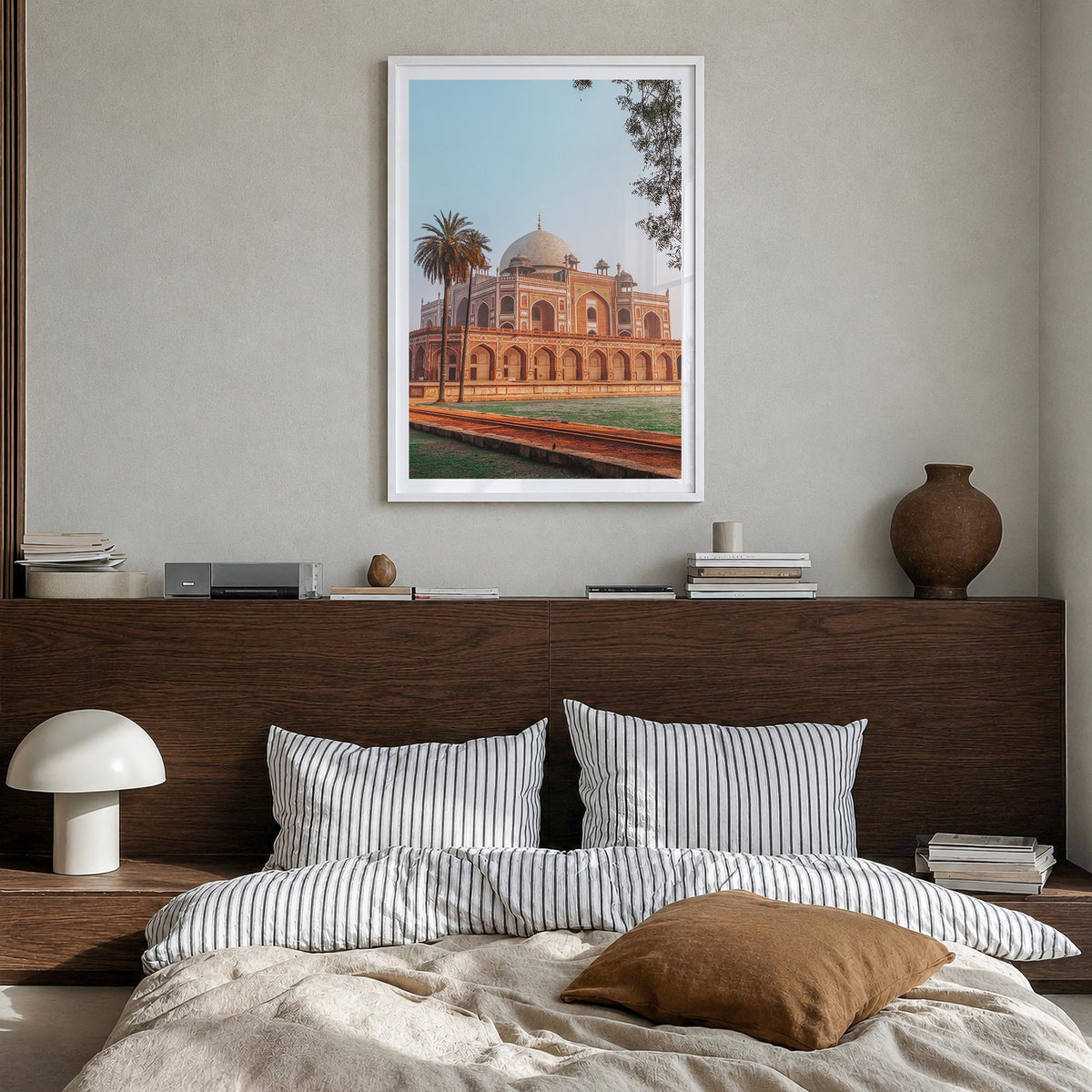 Delhi colorful photo poster of India – vertical wall art in white wood frame with white border, hanging on wall