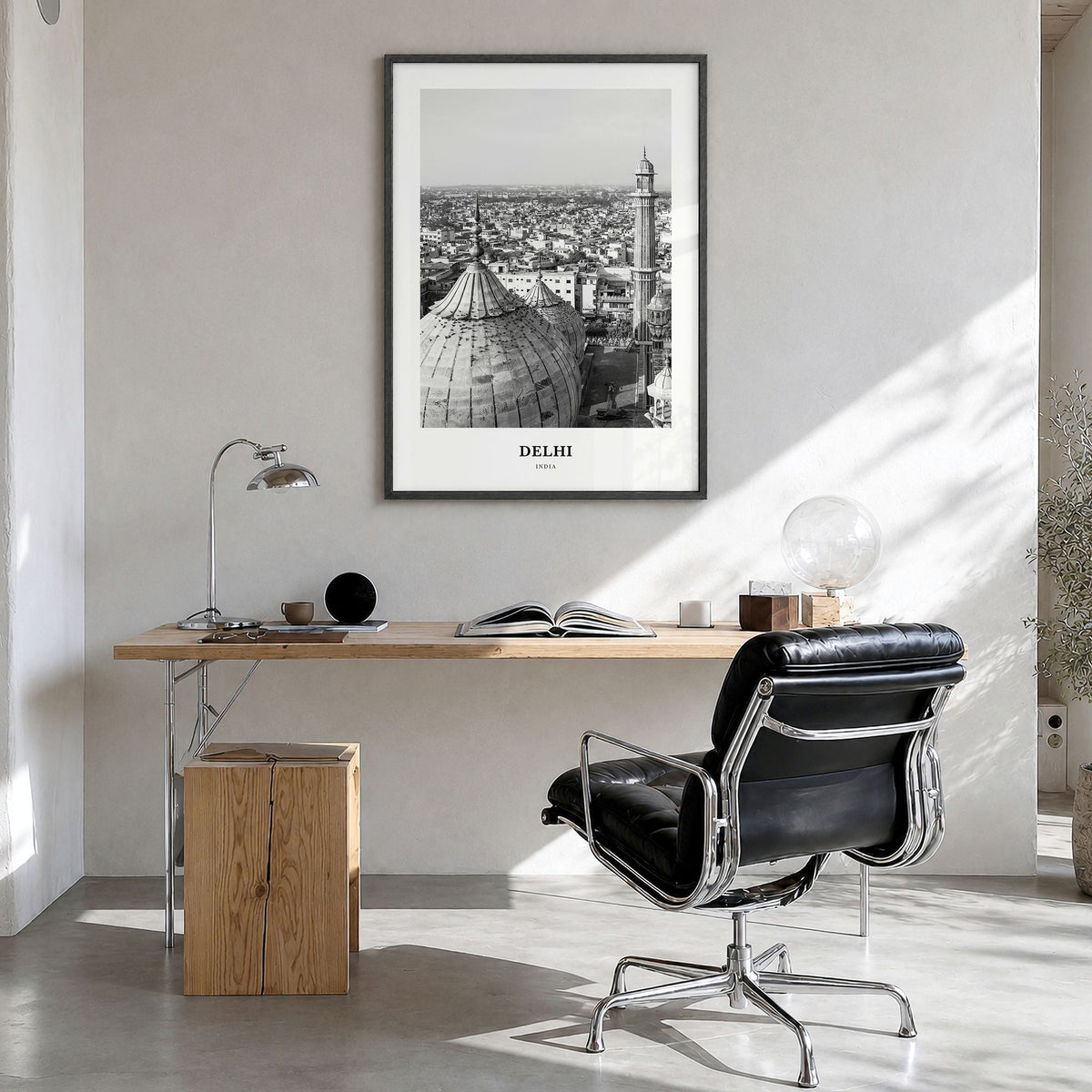 Delhi Classic Poster in a black wood frame, hanging in a bright home office