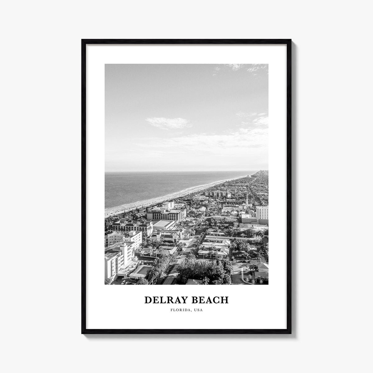 Delray Beach black & white classic poster of Florida, USA – vertical wall art, unframed print shown in interior mockup