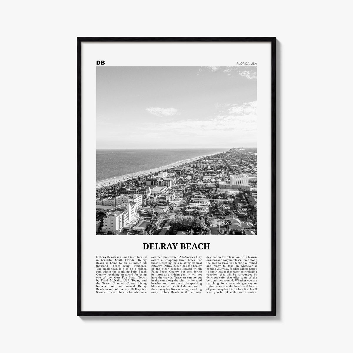 Delray Beach black & white newspaper poster of Florida, USA – vertical wall art, unframed print shown in interior mockup