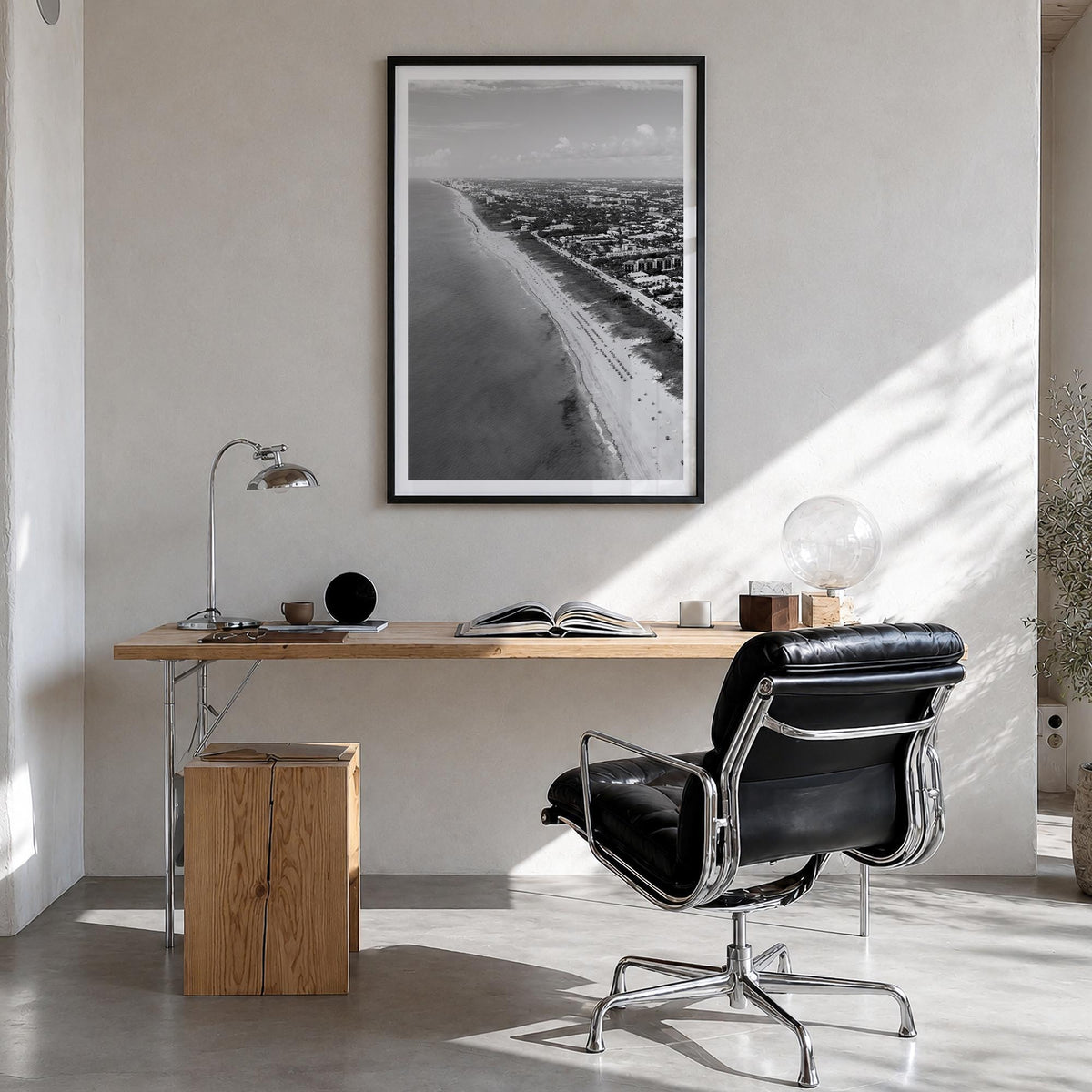 Delray Beach black & white photo poster of Florida, USA – vertical wall art in black wood frame with white border, hanging on