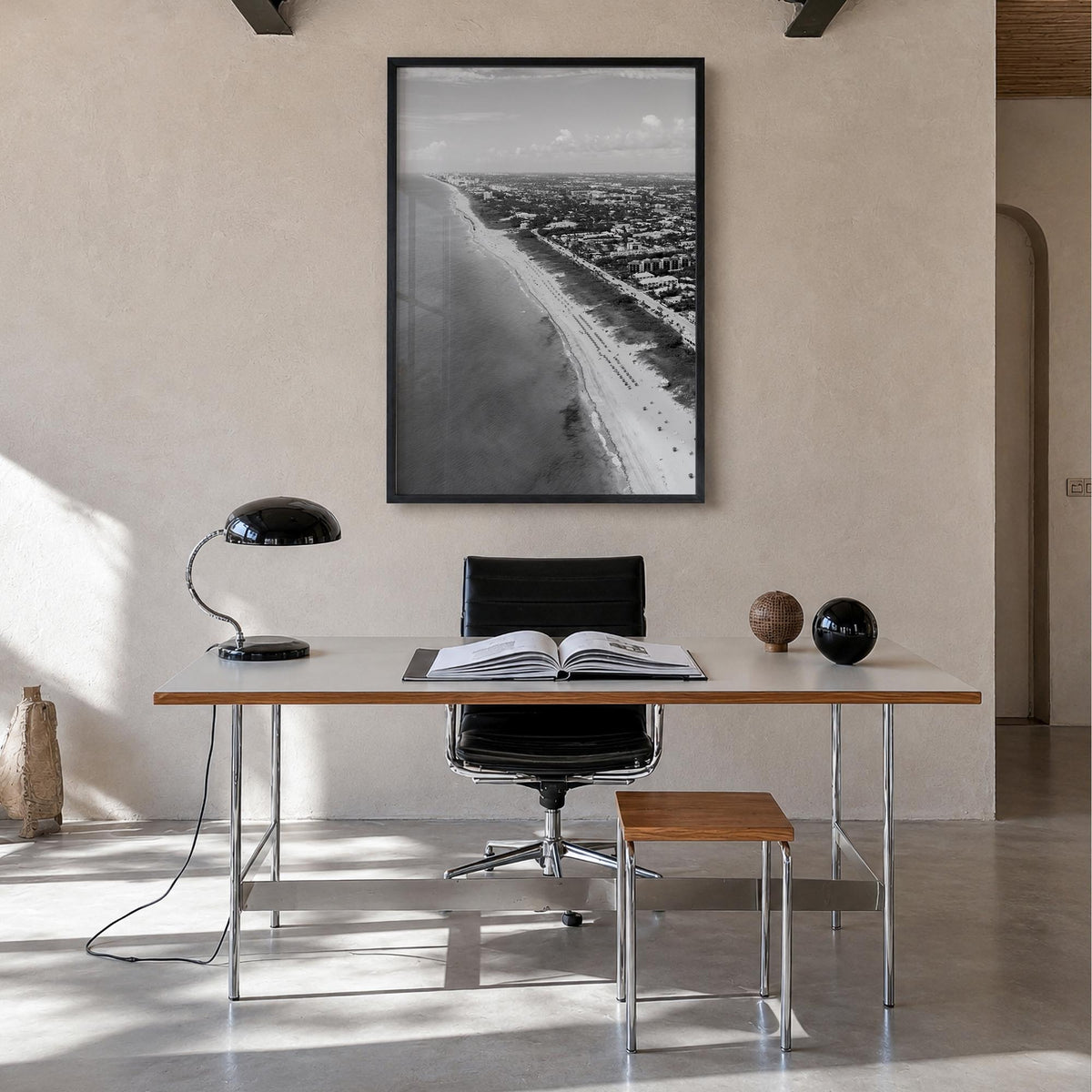 Delray Beach black & white photo poster of Florida, USA – vertical wall art in black wood frame, hanging on wall
