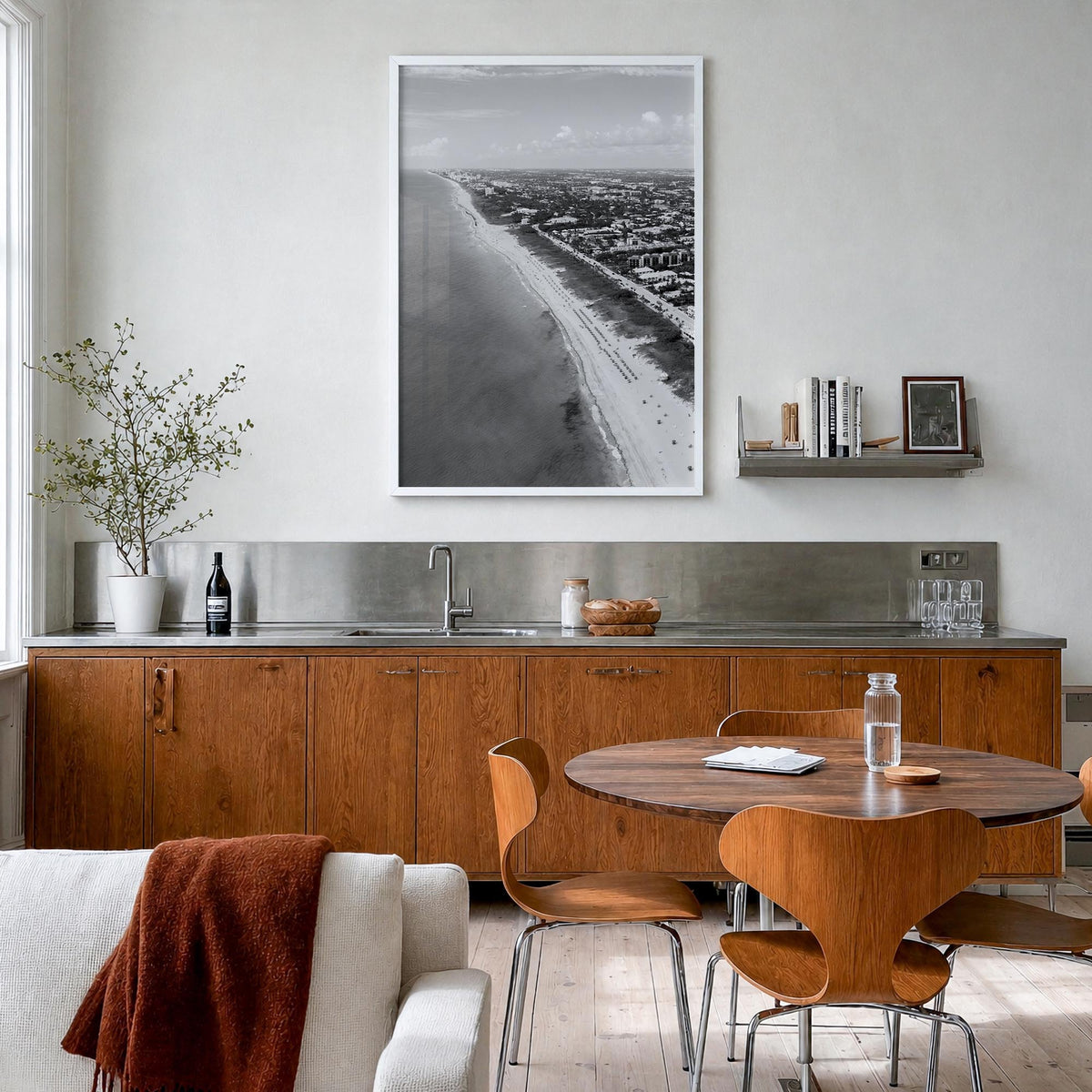 Delray Beach black & white photo poster of Florida, USA – vertical wall art in white wood frame, hanging on wall