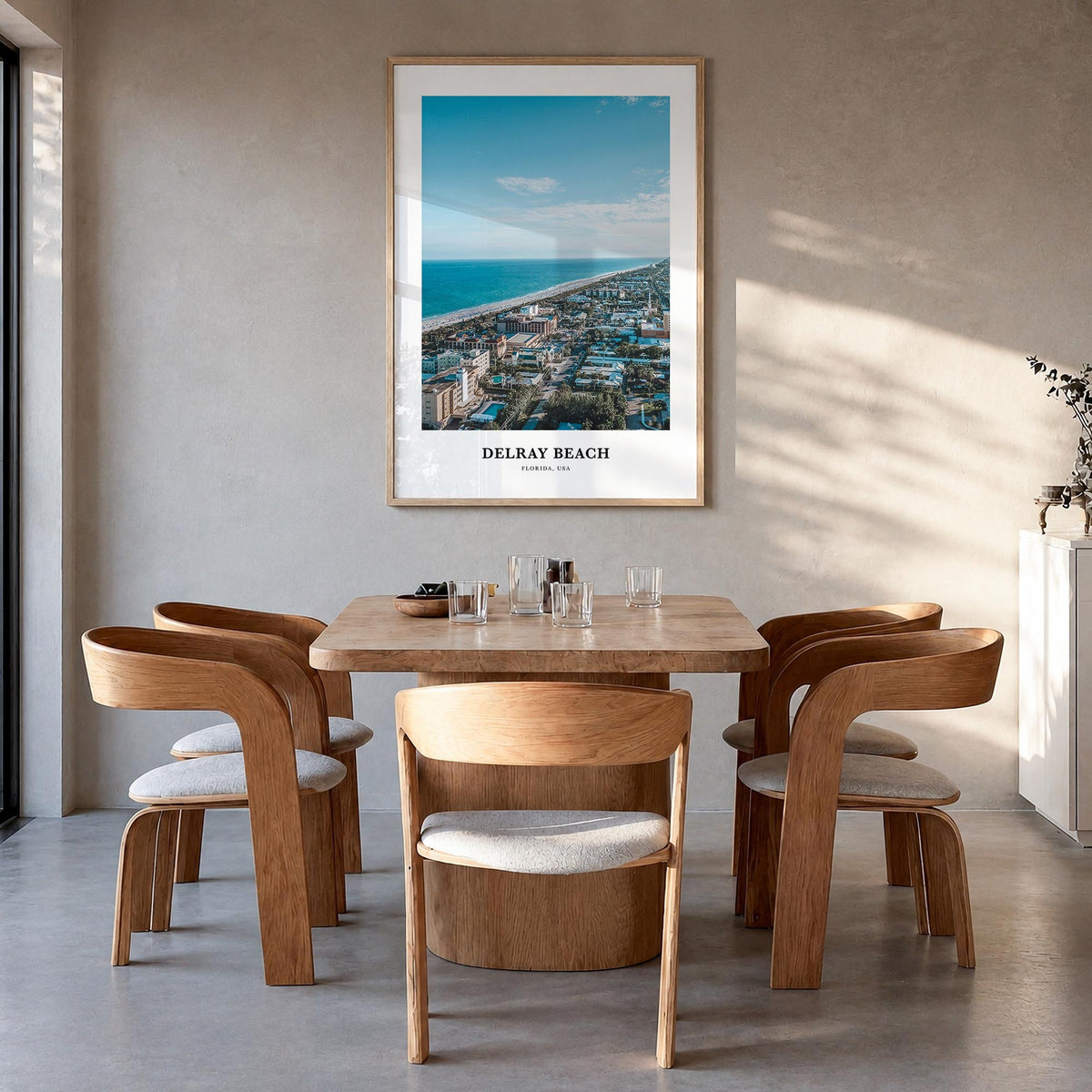 Delray Beach colorful classic poster of Florida, USA – vertical wall art in natural wood frame, hanging on wall
