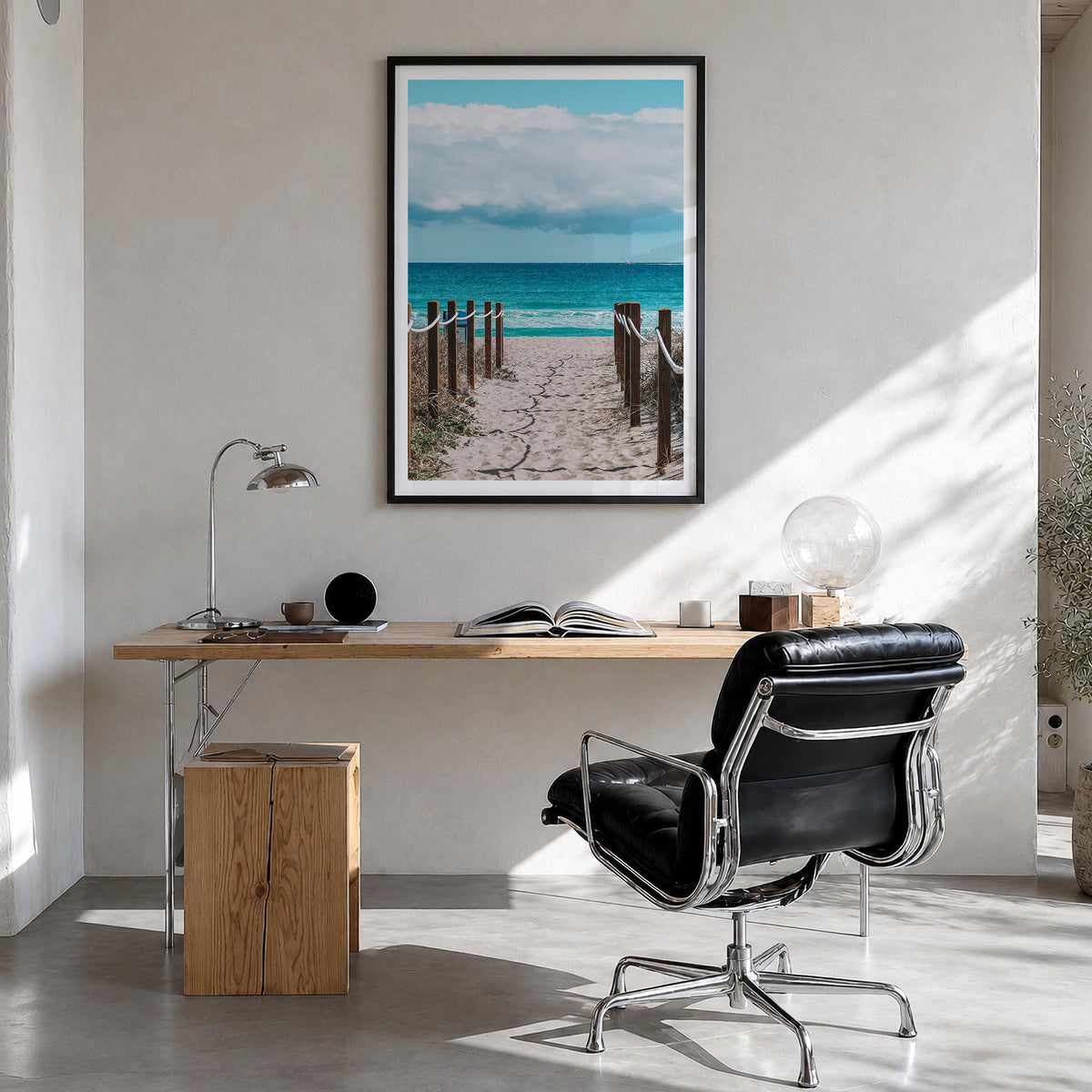 Delray Beach colorful photo poster of Florida, USA – vertical wall art in black wood frame with white border, hanging on wall