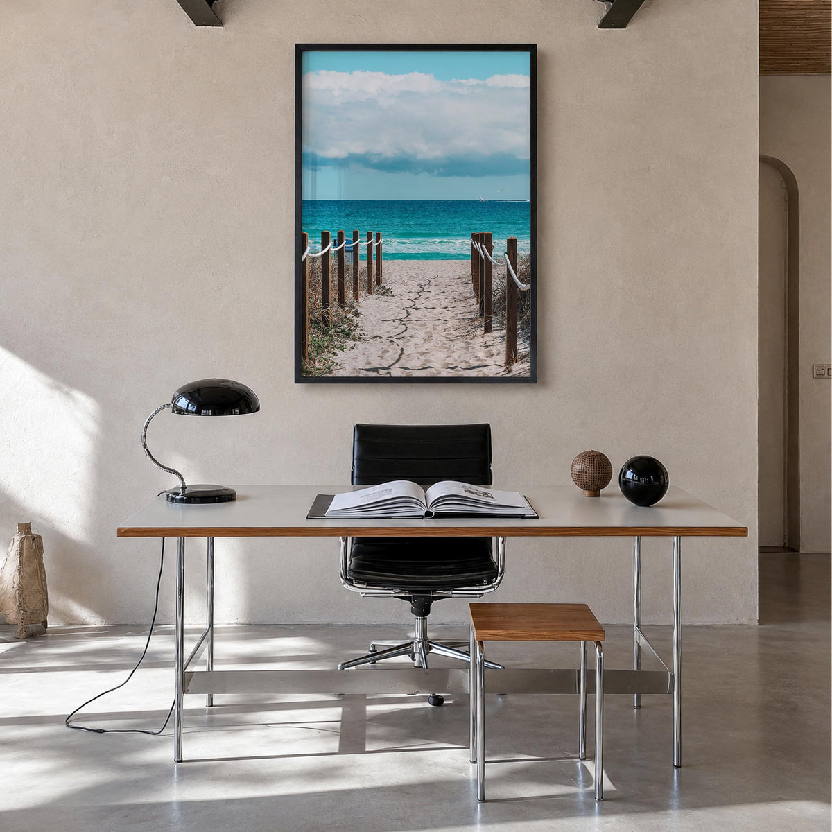 Delray Beach colorful photo poster of Florida, USA – vertical wall art in black wood frame, hanging on wall