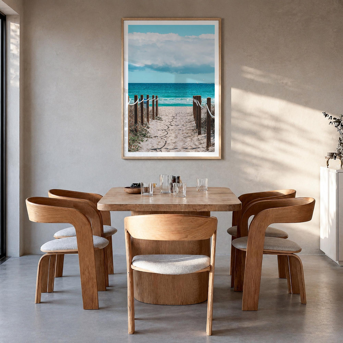 Delray Beach colorful photo poster of Florida, USA – vertical wall art in natural wood frame with white border, hanging on wa