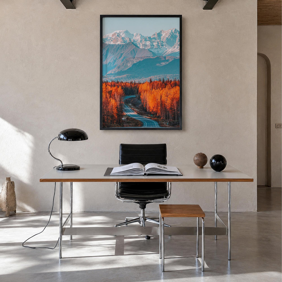 Denali colorful photo poster of Alaska, USA – vertical wall art in black wood frame, hanging on wall