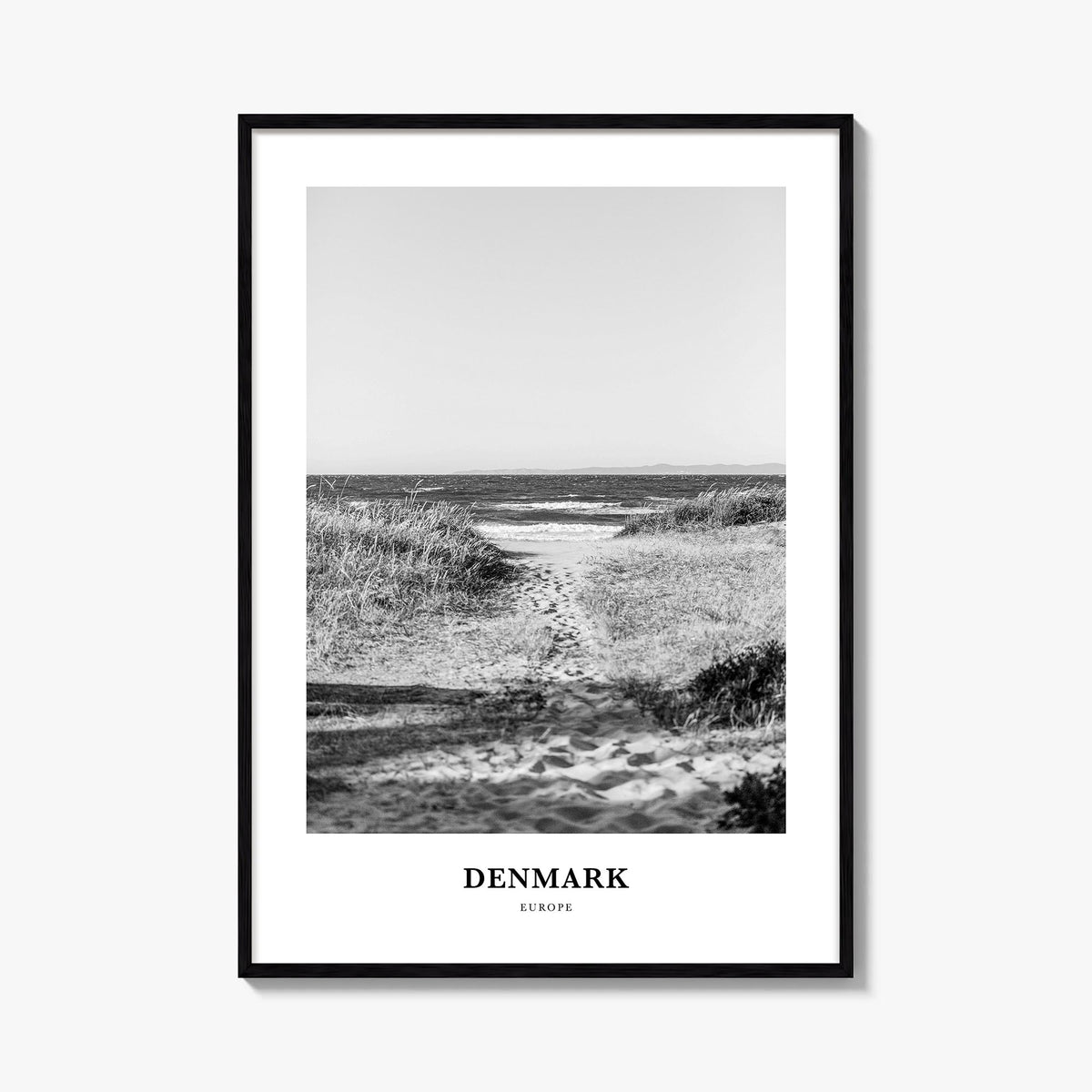 Denmark black & white classic poster of Europe – vertical wall art, unframed print shown in interior mockup