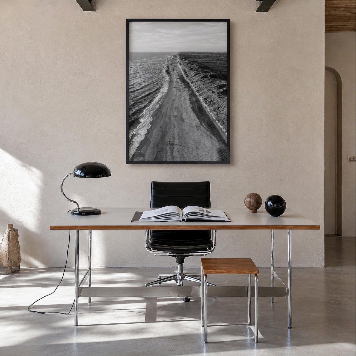 Denmark black & white photo poster of Europe – vertical wall art in black wood frame, hanging on wall