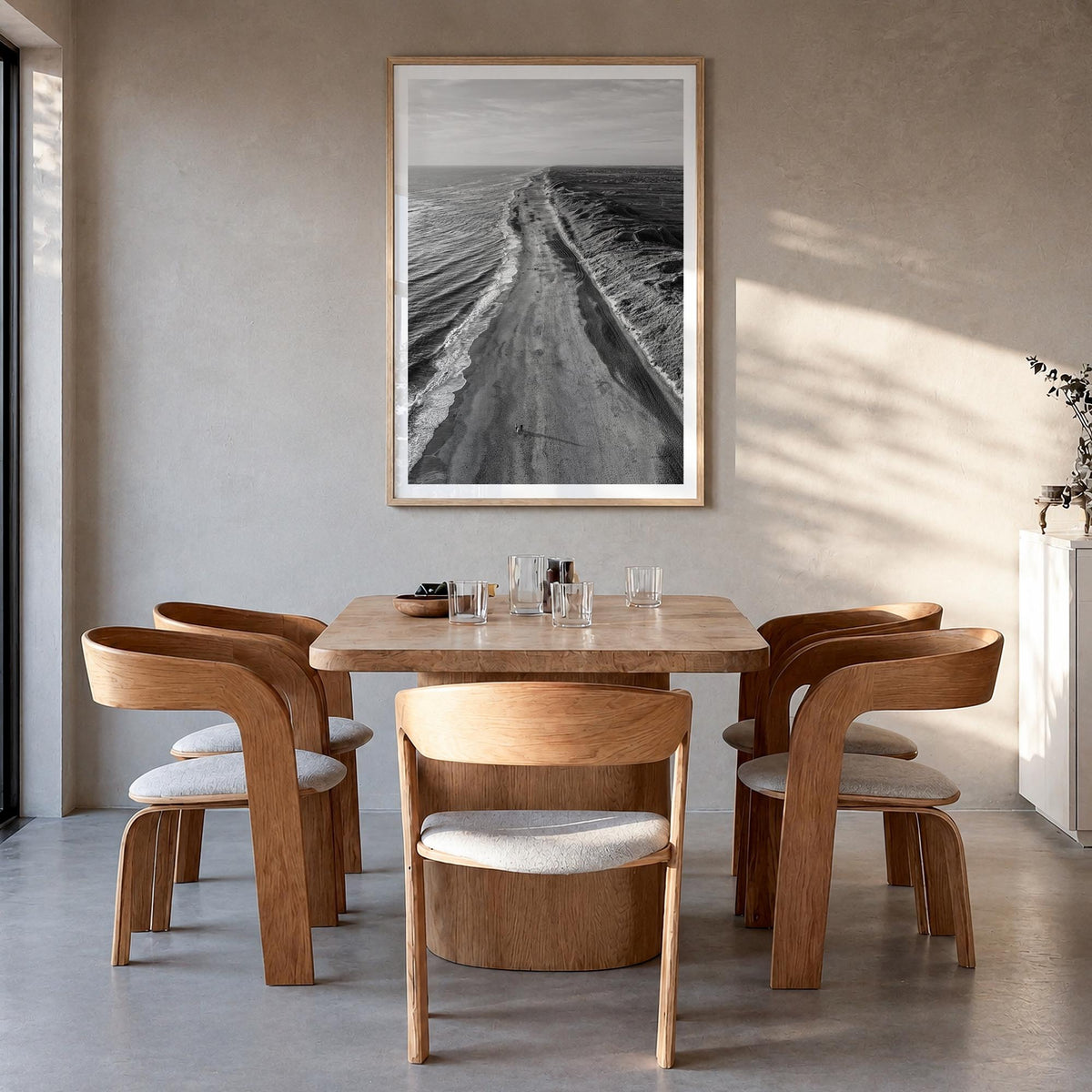 Denmark black & white photo poster of Europe – vertical wall art in natural wood frame with white border, hanging on wall