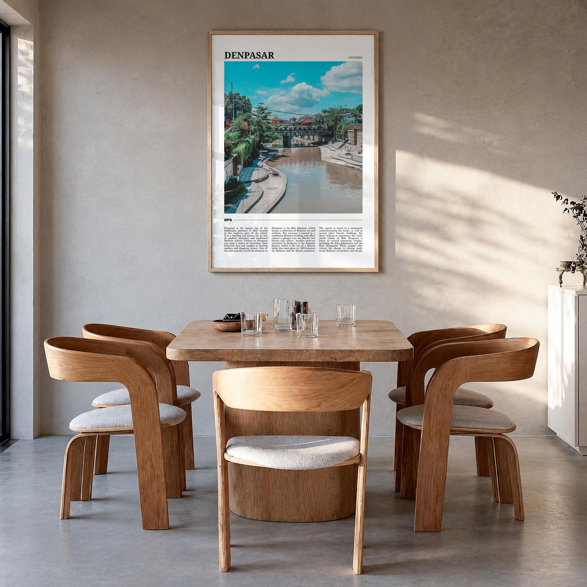 Denpasar colorful travel poster of Indonesia – vertical wall art in natural wood frame, hanging on wall