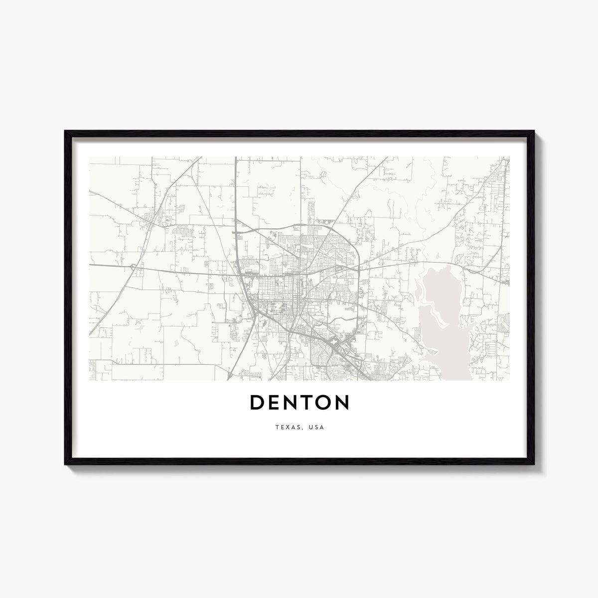 Denton black & white map poster of Texas, USA – horizontal wall art, unframed print shown in interior mockup