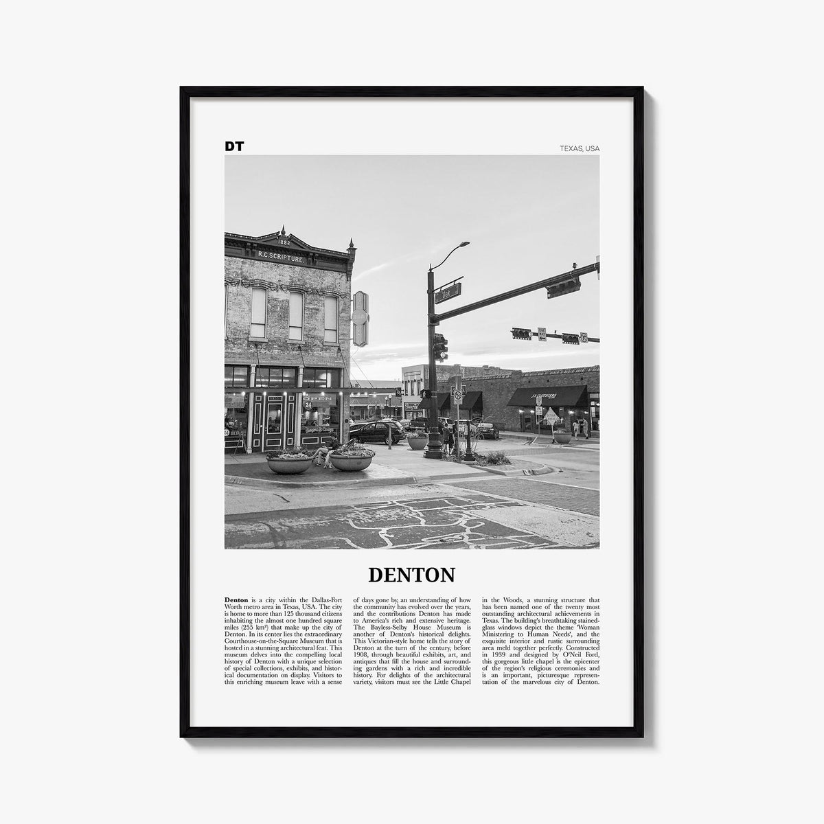 Denton black & white newspaper poster of Texas, USA – vertical wall art, unframed print shown in interior mockup
