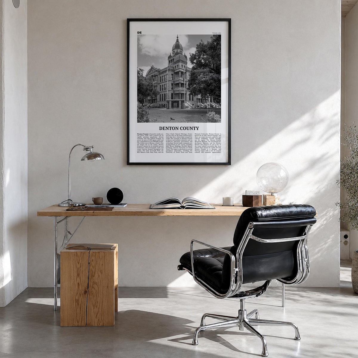 Denton County black & white newspaper poster of Texas, USA – vertical wall art in black wood frame, hanging on wall