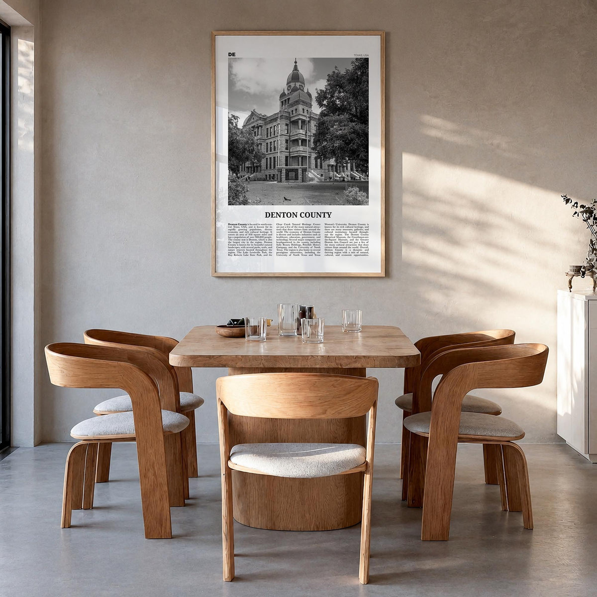 Denton County black & white newspaper poster of Texas, USA – vertical wall art in natural wood frame, hanging on wall