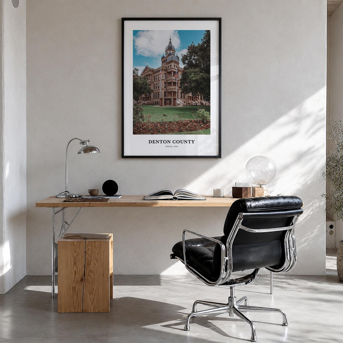 Denton County colorful classic poster of Texas, USA – vertical wall art in black wood frame, hanging on wall