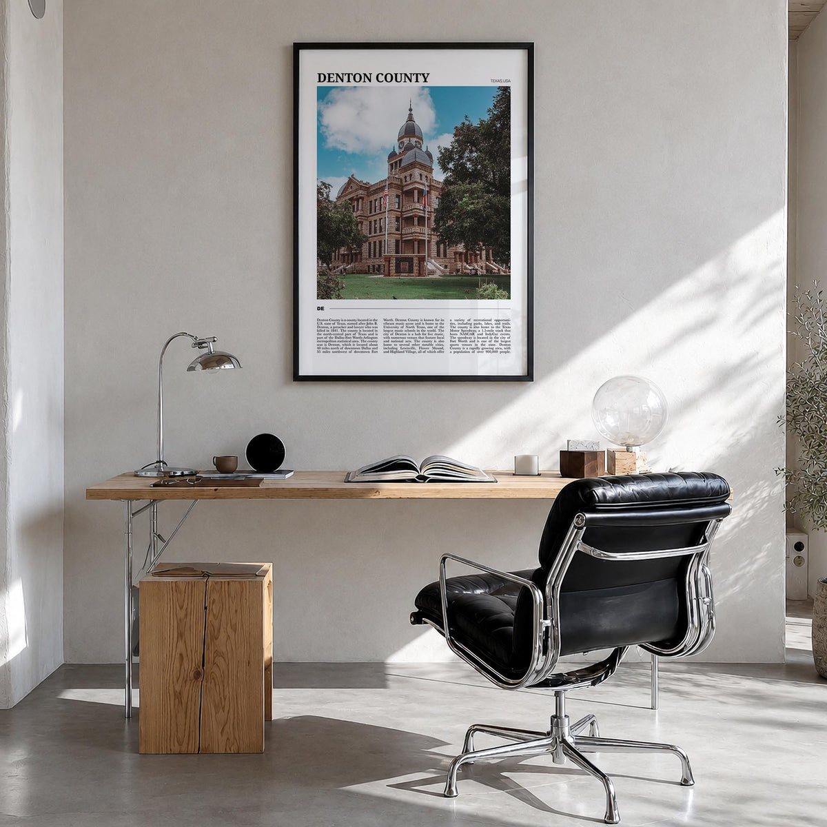 Denton County colorful travel poster of Texas, USA – vertical wall art in black wood frame, hanging on wall