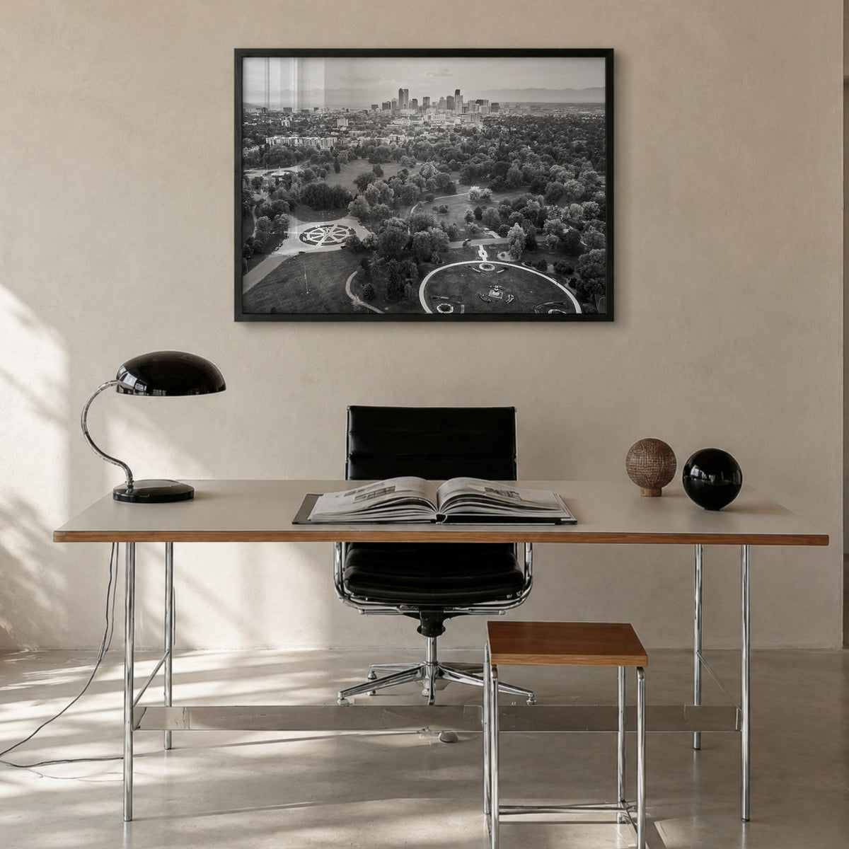 Denver black & white photo poster of Colorado, USA – horizontal wall art in black wood frame, hanging on wall