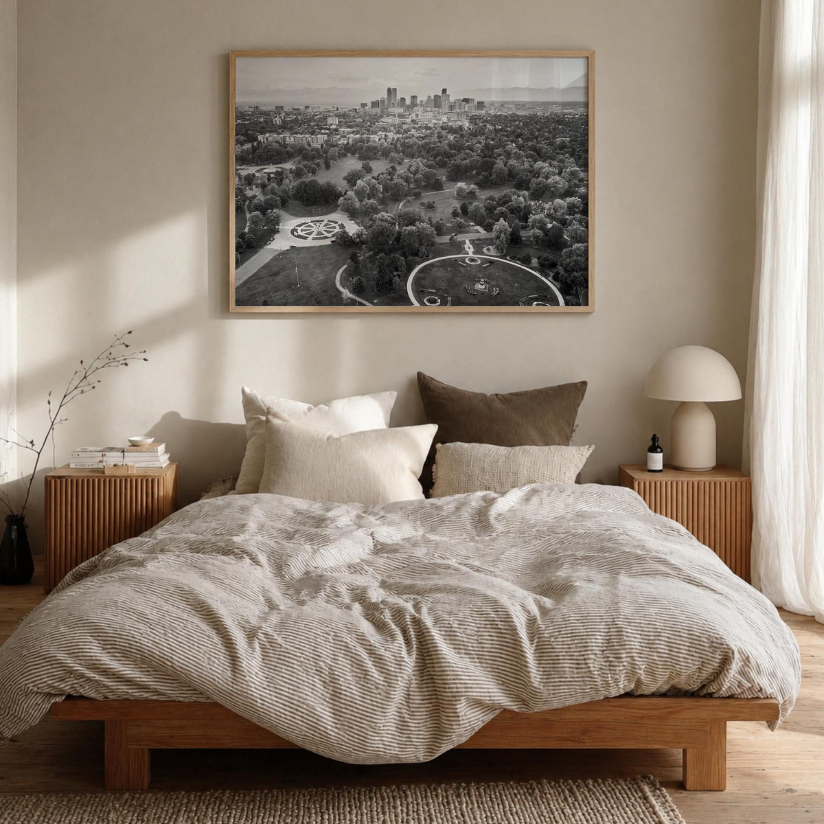 Denver black & white photo poster of Colorado, USA – horizontal wall art in natural wood frame, hanging on wall