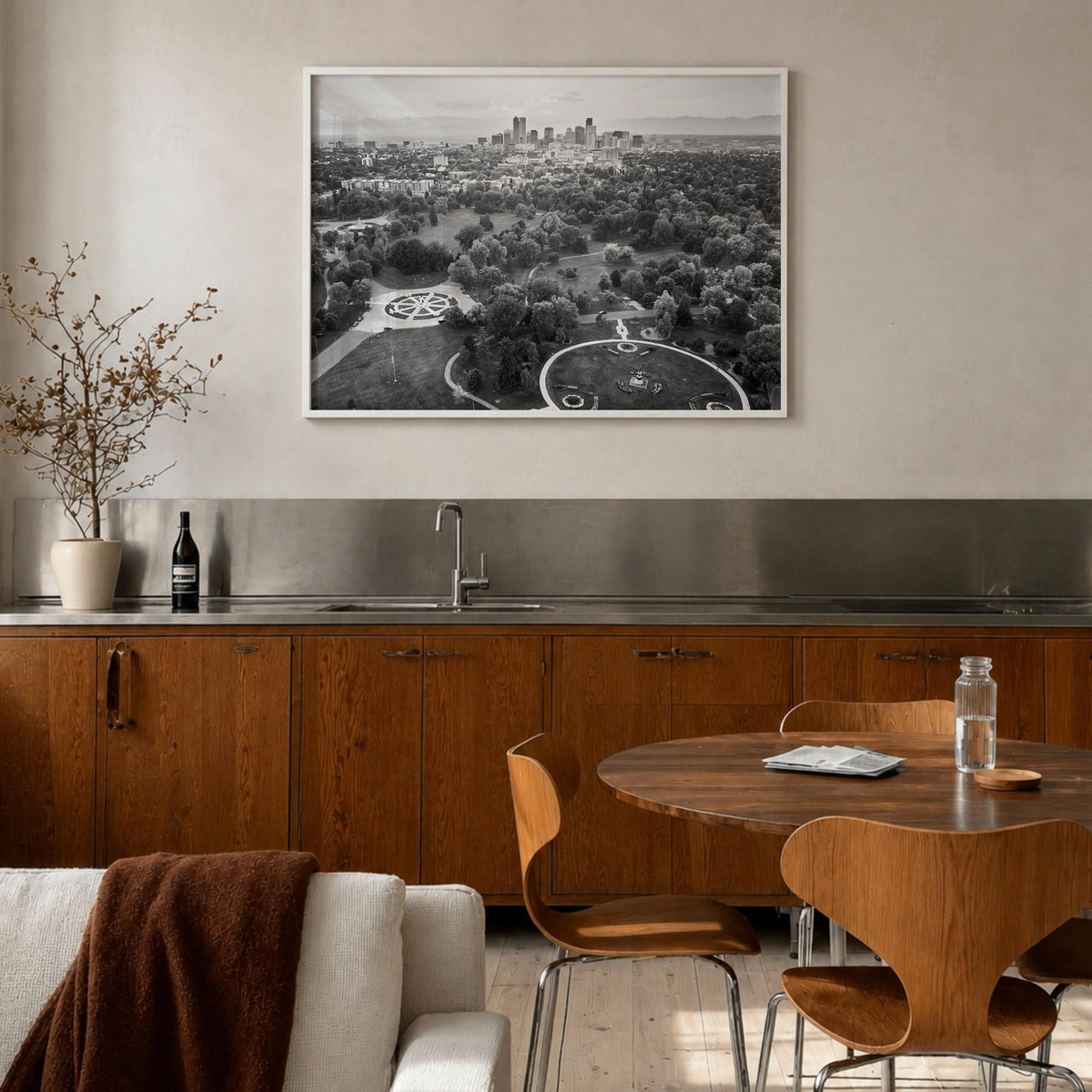 Denver black & white photo poster of Colorado, USA – horizontal wall art in white wood frame, hanging on wall