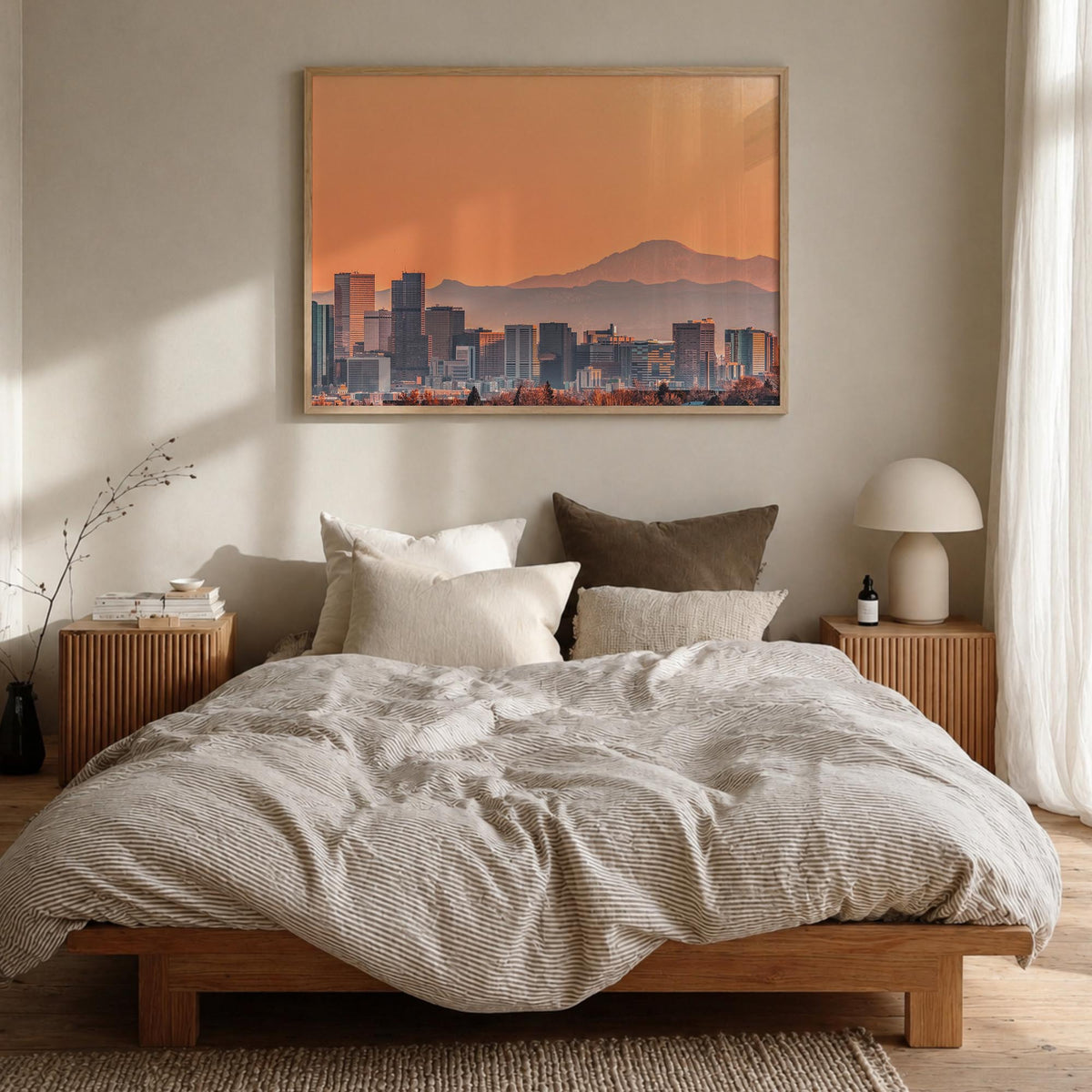 Denver colorful photo poster of Colorado, USA – horizontal wall art in natural wood frame, hanging on wall