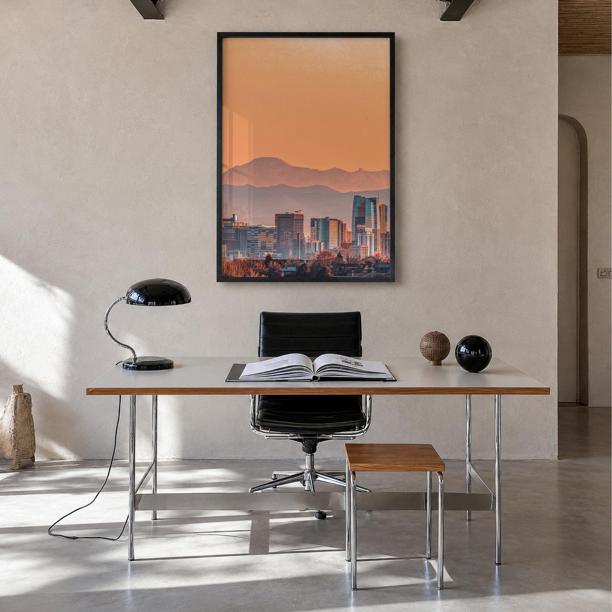 Denver no. 1 colorful photo poster of Colorado, USA – vertical wall art in black wood frame, hanging on wall