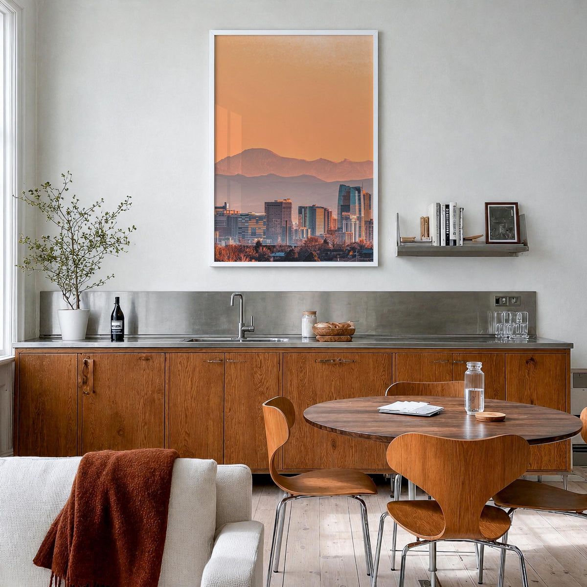 Denver no. 1 colorful photo poster of Colorado, USA – vertical wall art in white wood frame, hanging on wall
