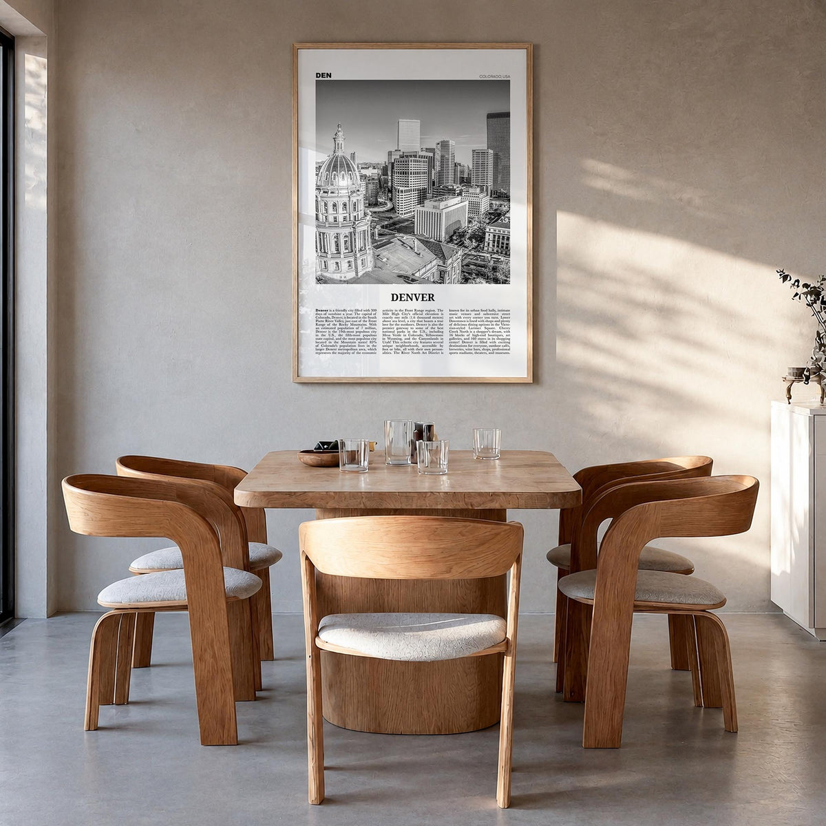 Denver no. 2 black & white newspaper poster of Colorado, USA – vertical wall art in natural wood frame, hanging on wall