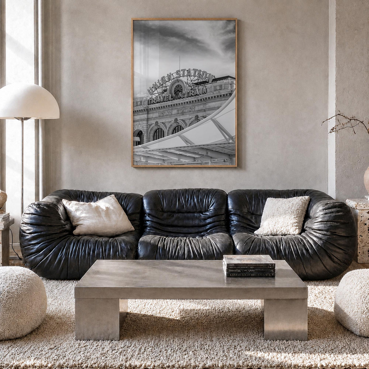 Denver no. 2 black & white photo poster of Colorado, USA – vertical wall art in natural wood frame, hanging on wall