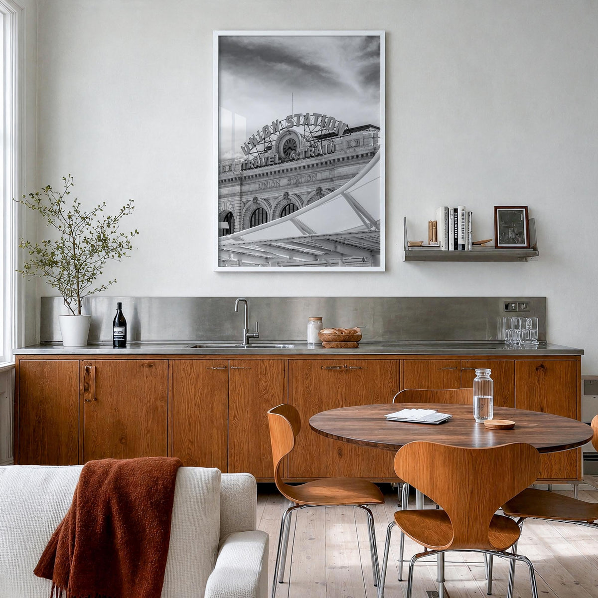 Denver no. 2 black & white photo poster of Colorado, USA – vertical wall art in white wood frame, hanging on wall