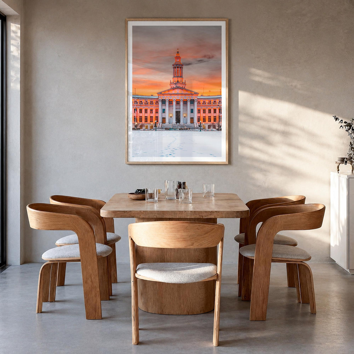 Denver no. 2 colorful photo poster of Colorado, USA – vertical wall art in natural wood frame with white border, hanging on w