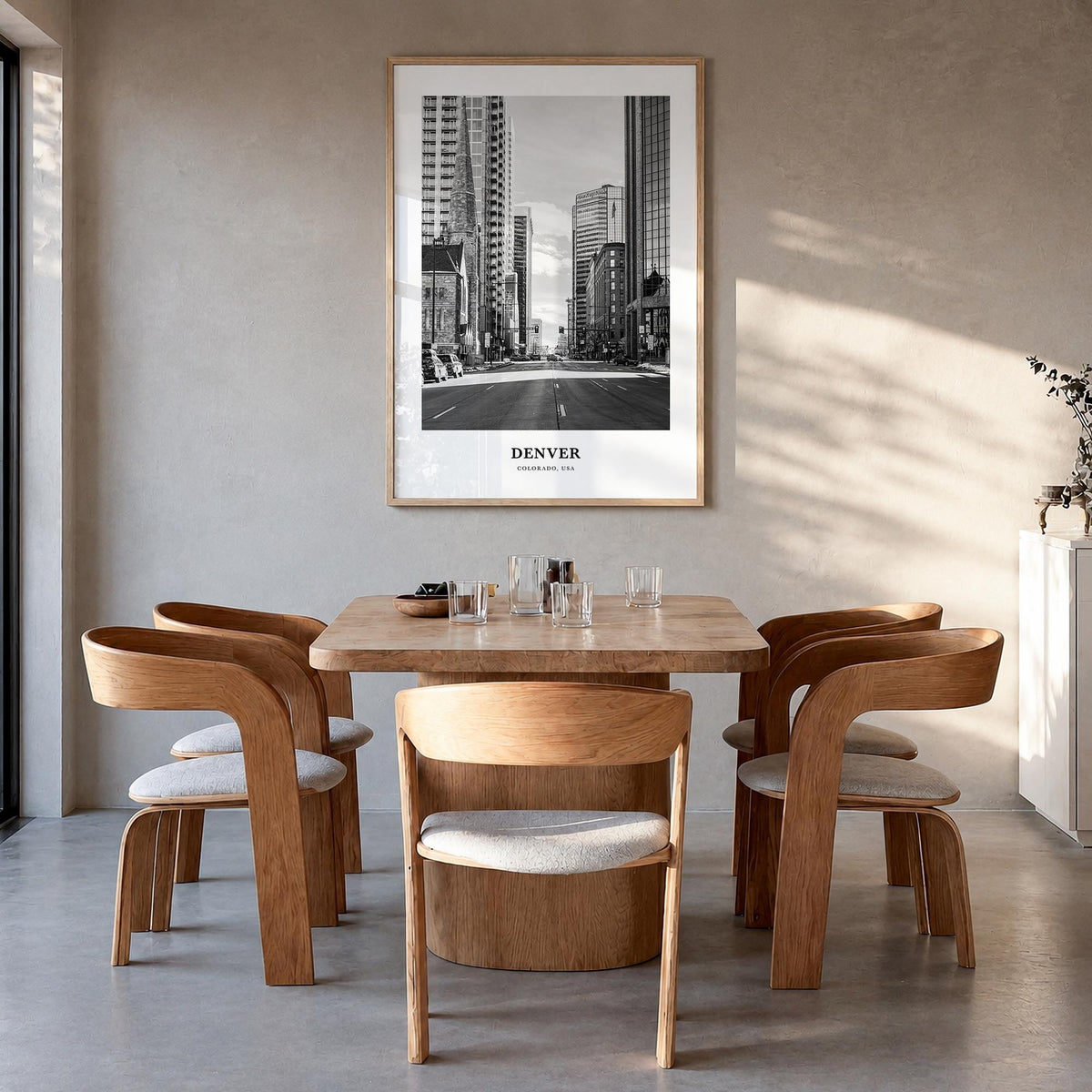 Denver no. 4 black & white classic poster of Colorado, USA – vertical wall art in natural wood frame, hanging on wall