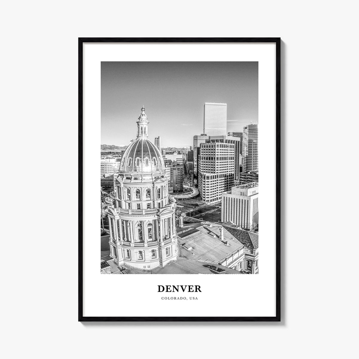 Denver no. 5 black & white classic poster of Colorado, USA – vertical wall art, unframed print shown in interior mockup