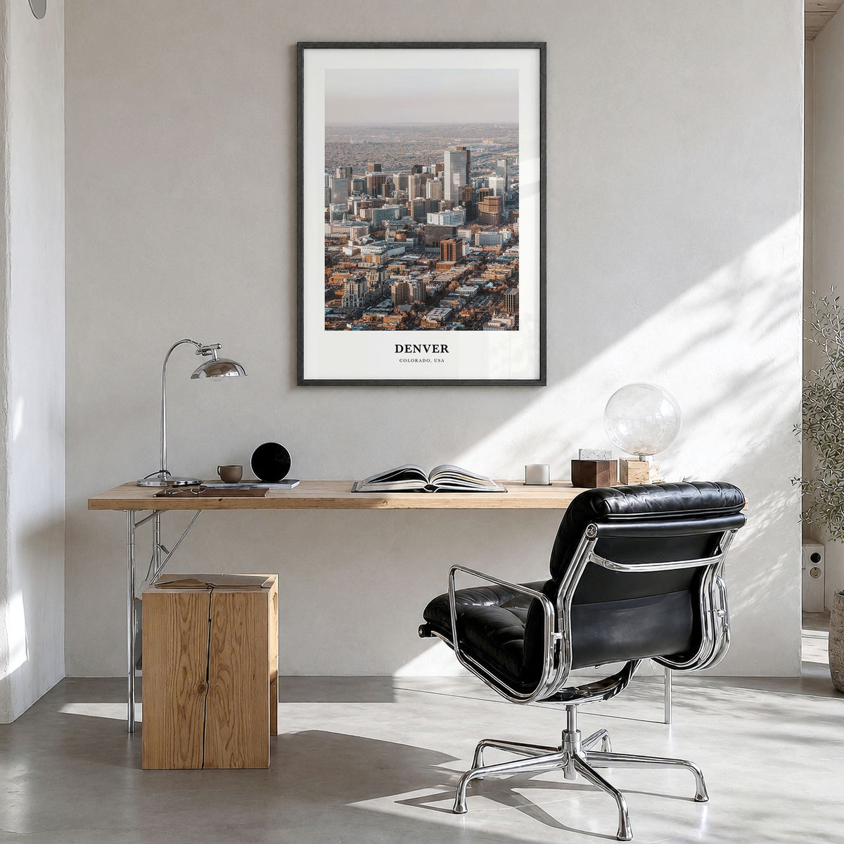 Denver Classic No 2 Poster in a black wood frame, hanging in a bright home office