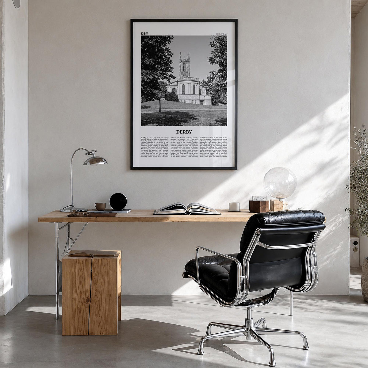 Derby black & white newspaper poster of United Kingdom – vertical wall art in black wood frame, hanging on wall